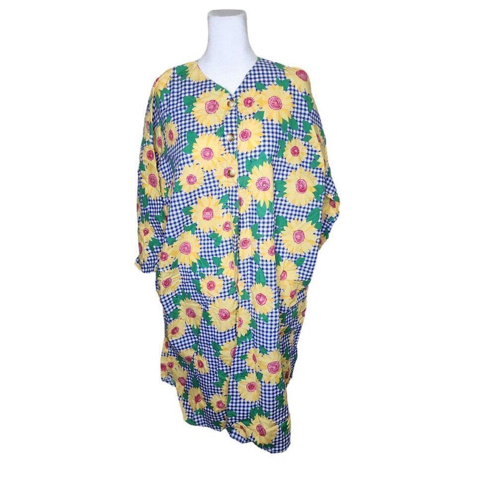 Vintage 90s Long Sleeve Kaftan Dress Gingham Sunflowers Womens Size 2XL Blue Yel